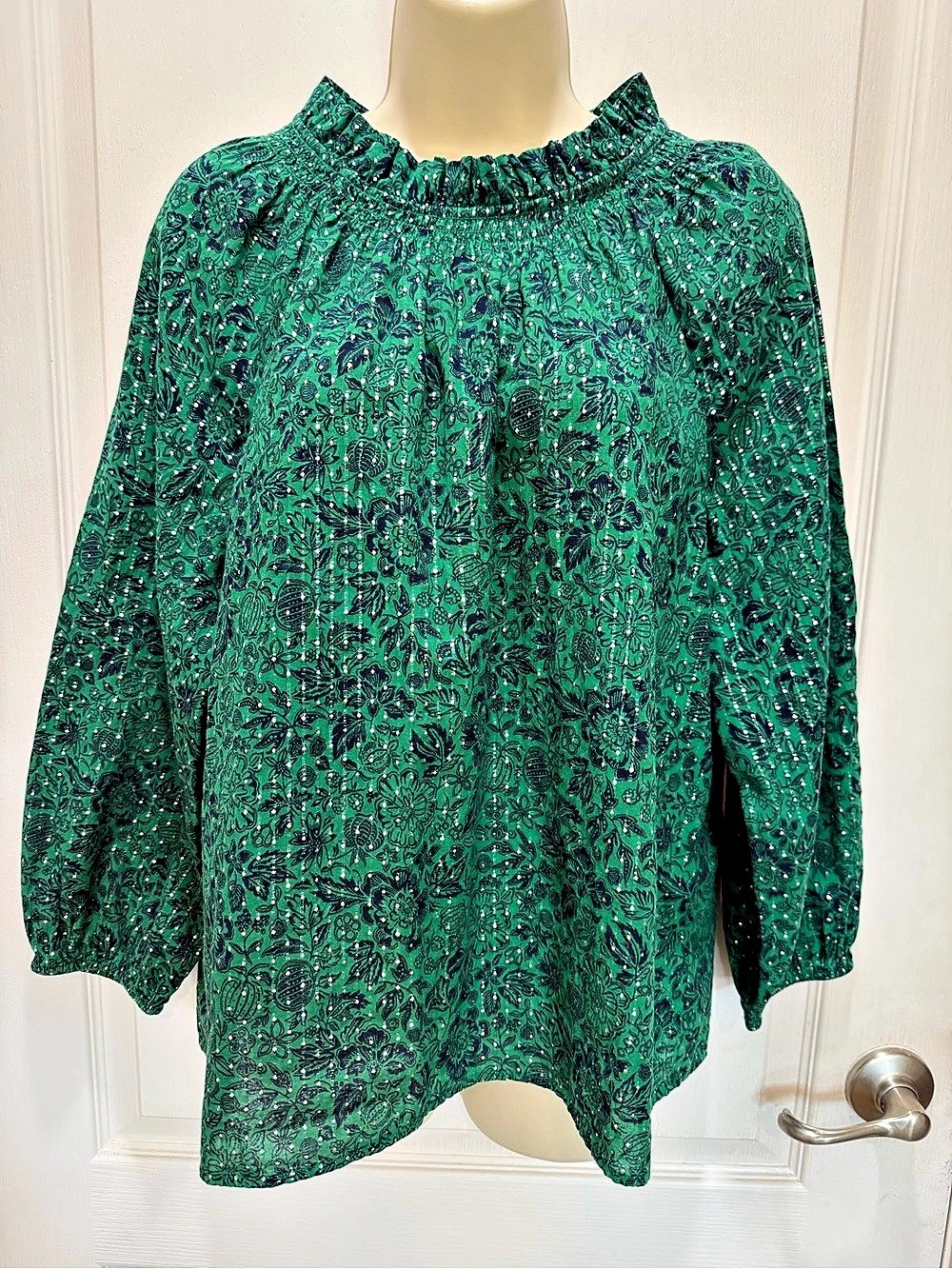 Talbots Smocked Blouse - Metallic Clip Dot / Sketched Floral Size Large